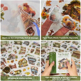 Libro Pegatinas Vintage Journal Albumes de Recortes 50 Hojas Pegatinas Washi Precortadas Papel Decorativo Notas Sticker Paisajes Naturaleza Café (Verde)