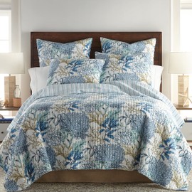 Levtex Home - Mahina Quilt Set - King/Cal King Quilt + Two King Pillow Shams - Coastal - Taupe, Blue and White - Quilt Size (106x92in.) and Pillow Sham Size (36x20in.) - Reversible - Cotton