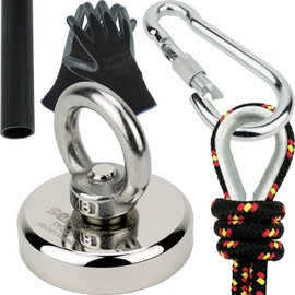 SENSEI 80 kg Set, N52 Neodymium Magnet with Eyelet, Diameter 4.8 cm x Height 1.2 cm, Sailing Rope 25 m, Protective Gloves + Accessories, Set with Eyelet Magnet for Magnetic Fishing in Water