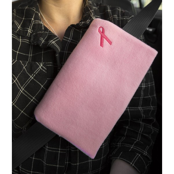The Breast & Chest Buddy - Seatbelt Cushion for Mastectomy and Breast Reconstruction Sites - Solid Pink with Breast Cancer Ribbon