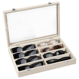 Emibele Glasses Organizer Jewelry Tray, 8 Grids with Clear Lid Velvet Tray Watch Storage Stackable Jewelry Showcase Display Storage with Detachable Inner Dividers, Beige