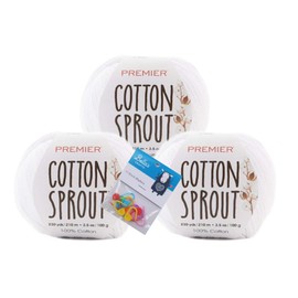 Premier Yarns Cotton Sprout DK, 100% Cotton Yarn, 3-Pack Bundle with Bella's Crafts Stitch Markers (1149-29 White)
