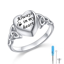 DAOSHANG 925 Sterling Silver Pet Paw Urn Rings for Women Carved Always In My Heart Celtic Knot Ring For Ashes of Loss Love Pet Memorial Heart-Shape Keepsake Cremation Jewelry Easter Day of the Dead