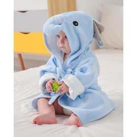 Baby Boys Girls Dressing Gown Viscose Bamboo Bath Robe, Qiuck Dry Bathrobe Soft Towel Robe with Cute Animal Design, Blue Elephant 3-4 Years