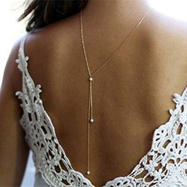 Olbye Back Necklace Pearl Backdrop Necklaces Body Chain Jewelry for Women Bridal Jewelry (Gold)