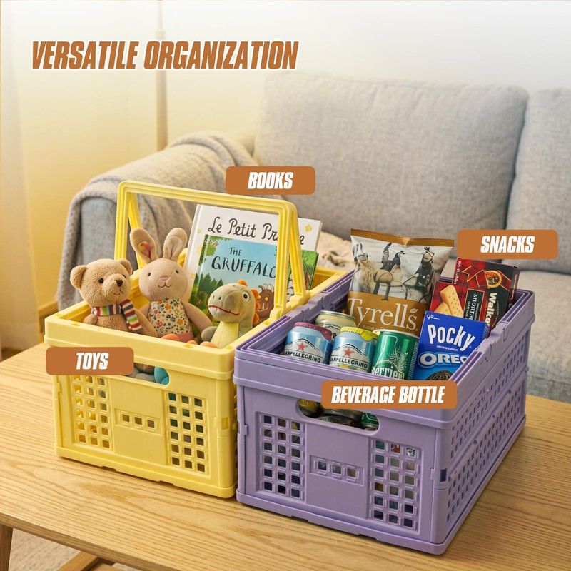 Collapsible Storage Crate, Foldable Plastic Basket with Lid and Handle,