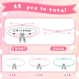 Sureio 48 Pcs Ballet Bracelet Gifts Bulk for Teens Adjustable Rope Braided Bracelets Ballet Jewelry Ballet Shoe Charm Dance Team Gift for Women Teen Ballerina Recital Dance Lovers Christmas Birthday