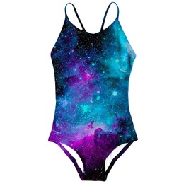 Girls One Piece Swimsuit Nebula Space Graphic Quick Dry Comfy Beach Hawaiian Bathing Suit with Mesh Lining 7-8 Years