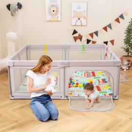 Costzon Large Baby Playpen with Mat, 73" x 61.5" Playpen for Babies and Toddlers w/50 Ocean Balls & Pull Rings, Zippered Gates, Carry Bag, Portable Safety Sturdy Play Yard for Indoor Outdoor (Gray)