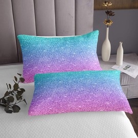 Feelyou Glitter Fitted Sheet Girls Pink Teal Pastel Bed Sheet Set Cute Mermaid Bedding Queen Size Includes 1 Sheets & 2 Pillowcases (No Flat Sheet)