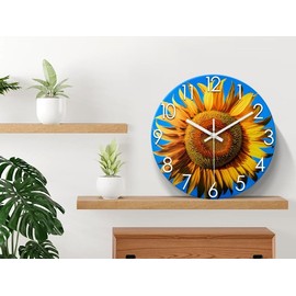 XFM Sunflower Glass Kitchen Wall Clock 16 Inch Silent Non Ticking Battery Operated Clock Big Yellow Floral Round Clock for Living Room Bedroom Bathroom Office Decor