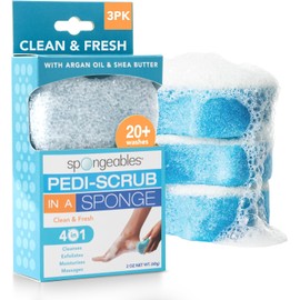 Spongeables Pedi-Scrub Foot Buffer, Clean & Fresh Scent, Contains Shea Butter and Tea Tree Oil, Foot Exfoliating Sponge with Heel Buffer and Pedicure Oil, 20+ Washes, Pack of 3