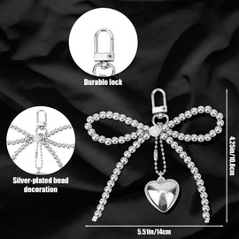 Bow Bag Charm, Silver Beaded Bow Phone Charm Heart Pendant Bow Pearl Keychain for Women Fashionable Bowknot Hanging Accessories for Bags, Purses, Wallets, Mobile Phones, Keys, Car Keys
