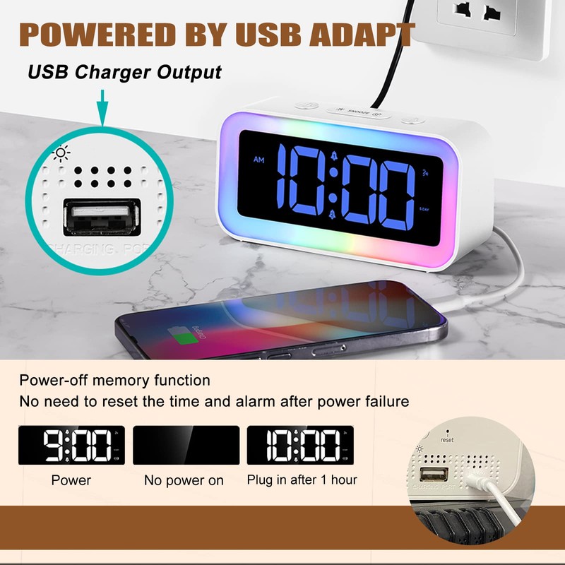 RGB Alarm Clock for Kids,Adjustable Brightness10%-100%,Dual Alarm, Sound Control, Bedside