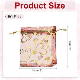 MECCANIXITY Organza Bag 5" x 7", Sheer Heart Mesh Bags Drawstring Gift Bags Bulk Party Favor Bag Jewelry Pouches for Wedding Candy Valentines Wedding Festival (Red-Gold, Pack of 50)
