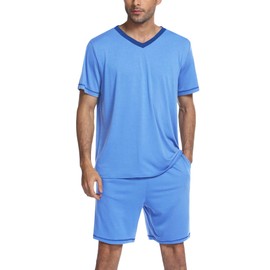 Ekouaer Mens Pajama Set Short Sleeve V Neck 2 Piece Nightwear Shorts With Pockets Summer Sleepwear PJS for Men Light Blue L