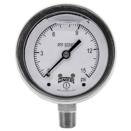 Winters PFP Series Premium Stainless Steel 304 Single Scale Liquid Filled Pressure Gauge, 0-15 psi, 2-1/2" Dial Display, -1.5% Accuracy, 1/4" NPT Bottom Mount