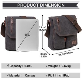 Kasgo Small Messenger Bag, Vintage Canvas Shoulder Crossbody Bags Water-Resistant Lightweight Satchel for Men Women for Travel Work School Business, Dark Grey charcoal black