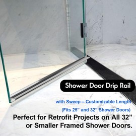 25" Shower Door Drip Rail with Sweep for Chrome Framed Shower Door Bottom Deflector Replacement, with 32 in Vinyl Sweep & Shower Door Bottom Drip Plugs