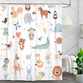 Animal Shower Curtain for Kids, Boho Tropical Animals Shower Curtain Nursery Giraffe Crocodile Hippo Zebra Monkey Cartoon Shower Curtains, Waterproof Bathroom Sets for Children 72X72 Inch