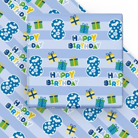 WRAPAHOLIC 8th Birthday Wrapping Paper Sheet - 6 Sheets Blue Happy Birthday with Gift Box Design Folded Flat for Birthday, Party, Baby Showers - 19.7 Inch X 27.5 Inch Per Sheet