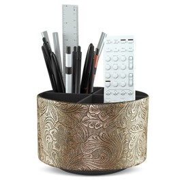 Jasenna Round Leather Art Supply Organizer,Remote Control Holder,360 Degree Rotating,Multi-Functional Pencil Holder,4 Compartments Desktop Stationary Organizer(1-Carving Gold)