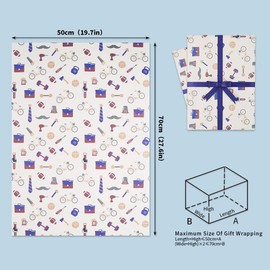 6 x Wrapping Paper Father's Day Birthday, Folded Flat Sheets 70 * 50cm with Stickers and Ribbon,Retro Bicycle Moustache Rugby Watch Hammer Pattern For Dad Daddy Step-Dad Men Boyfriend Gift Wrap