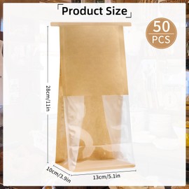 50Pcs Bakery Bags with Window, 5.1 x 3.9 x 11 Inches Kraft Paper Cookie Bags, Resealable Tin Tie Tab Lock Bags for Packaging, Bread Storage Bags, Coffee Bean Bags, Candy Bags