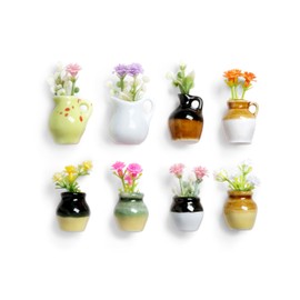 Luroza 8 Pcs Mini Vase Magnets for Fridge, Mini 3D Ceramic Vase Fridge Magnets with Tiny Faux Flowers, Small Plant Vase Refrigerator Magnets for Kitchen, Office, Locker Decor (Glossy)