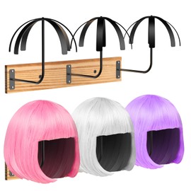 Yumkfoi Hanging Wig Stand for Multiple Wigs, 6 PCS Wall Mounted Wig Hanger Holder, Durable Wig Storage Organizer Rack for Display, Storage, Styling, Drying (Carbon Steel and Wood)