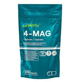 Wellthy 4-MAG Magnesio Complex 200 Cápsulas. Equivalente a 360mg de Magnesio. Citrato de Magnesio, Glicinato de Magnesio, Malato de Magnesio y Magnesi