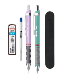 rOtring TIKKY Pastel Ballpoint Pen and Mechanical Pencil, Blue Ink (M) HB 0.7mm, Orchid and Sea Blue, Velvet Pencil Case + Blue Pencil Lead and HB 0.7mm Pencil Leads