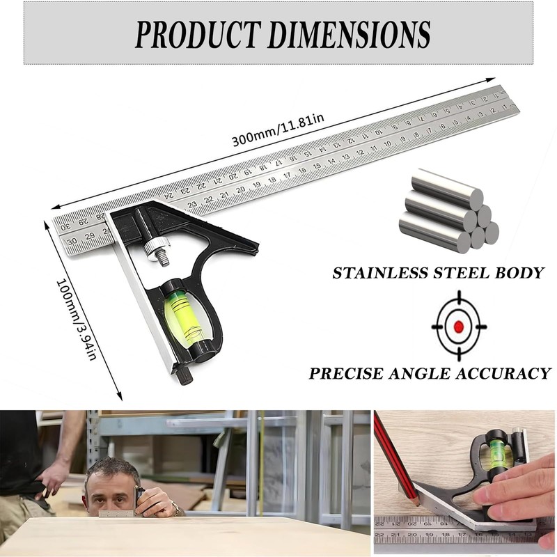 Combination Square 300mm(12") Adjustable Carpentry Square Stainless Steel Angle Ruler