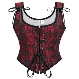 SHYMMUO Women's Gothic Rose Corset Vest – Red and Black Floral Brocade Lace-Up Corset Top with Shoulder Ties, Renaissance Bustier XL