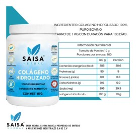Colágeno Hidrolizado 100% Puro En Polvo 1 Kg | Sin saborizantes ni colorantes | Suplemento Alimenticio | Saisa Herbal | Piel, Articulaciones, Cabello
