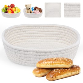 Kleemeiero Bread Basket Braided Storage Basket Braided Cotton Rope Bread Basket Small Bread Basket Decorative Oval 26 cm Diameter Bread Bowl Breakfast Wicker Basket for Serving Pastries Beige