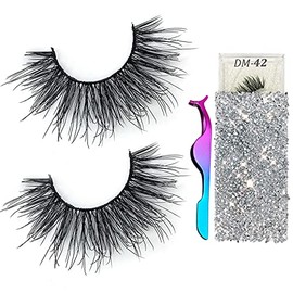 3D Mink Eyelashes Real Siberian Handmade Invisible Band False Lashes Pair with 1 Tweezers Cruelty Free Natural Soft Curly Fake Eyelash Strips in Deluxe Box for Womens (DM-42)