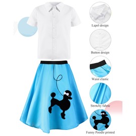 Silicherry 1950s Kids Poodle Skirt 50s Sock Hop Costume with Shirt Scarf Headband Earrings Glasses Socks(10-12 Years,Blue)