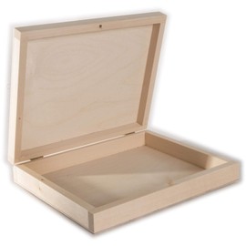 Rectangular Book Shaped Wooden Box with Lid & Bolt Closure | 21 x 17 x 4 cm | Trinket Keepsake Memory Gift Craft Shallow Slim Flat Storage Box Case | Unpainted & Untreated Plain Linden