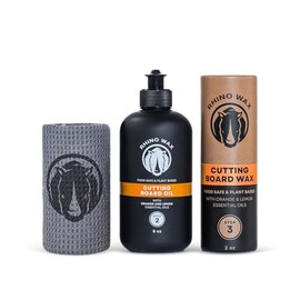 Rhino Wax Essentials Cutting Board Kit - Includes Cutting Board Oil, Cutting-Board Wax and Microfiber Cloth - Natural Coconut Blend of Oils and Waxes (NO Mineral Oil) - Condition Protect - Made in USA