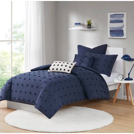 Urban Habitat Duvet Set 100% Cotton Jacquard, Tufts Accent, Shabby Chic All Season Cover for Comforter, Matching Shams, Decorative Pillows, Twin/Twin XL (68 in x 92 in), Navy 5 Piece