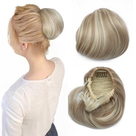 S-noilite Drawstring Hair Bun Ponytail Extensions, Short Ponytail Synthetic Comb Clip in Updo Hairpiece False Hair, 15 cm Straight Hepburn Scrunchies Bun Hair, Sandy Blonde Mix Bleach Blonde