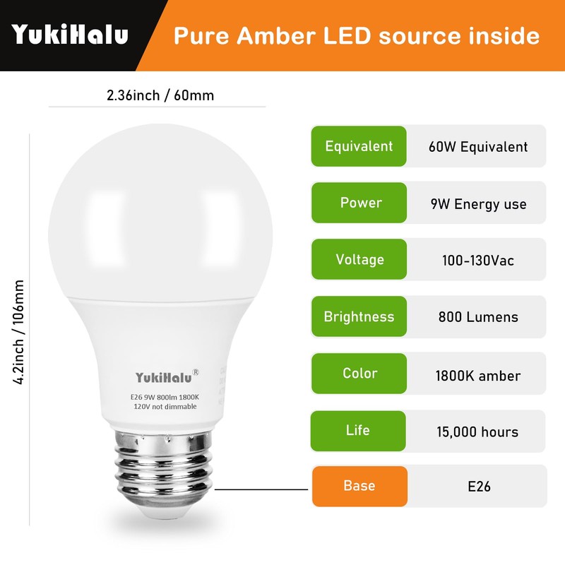 YukiHalu LED Amber Light Bulbs, A19 1800K E26 800Lm, 60W