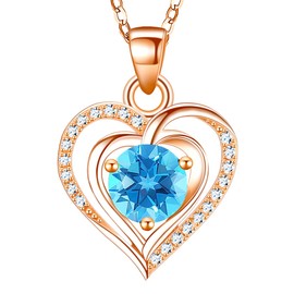 RIVIKO Heart Birthstone Pendant Necklace for Women 925 Sterling Silver Zirconia Rose Gold Plated March Necklaces Christmas Valentine's Day Mothers Day Jewelry Gifts For Her Mother Wife