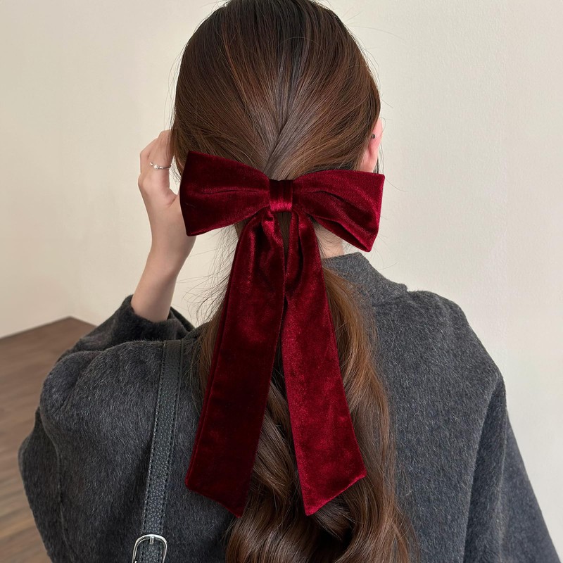 5.5in Burnt Orange Wine Red Velvet Long Tail Hair Bow