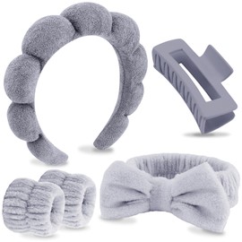 VELSCRUN Grey Puffy Sponge Spa Headband Bow Tie Hair Band Hair Clips Wristband Set, 5 Pcs Spa Headbands for Wash Face, Makeup Headband, Facial Skincare Headbands Women Girls Hair Accessories