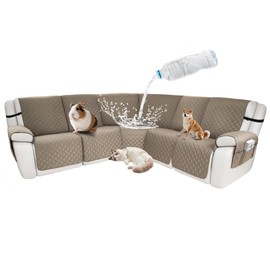 ROFASVCO Waterproof Sectional Reclining Couch Covers L Shaped Recliner Sectional Sofa Cover 7 Piece Non Slip Washable Corner Recliner Slipcover Set for Pet Dog (5 Seater Cover, Khaki)