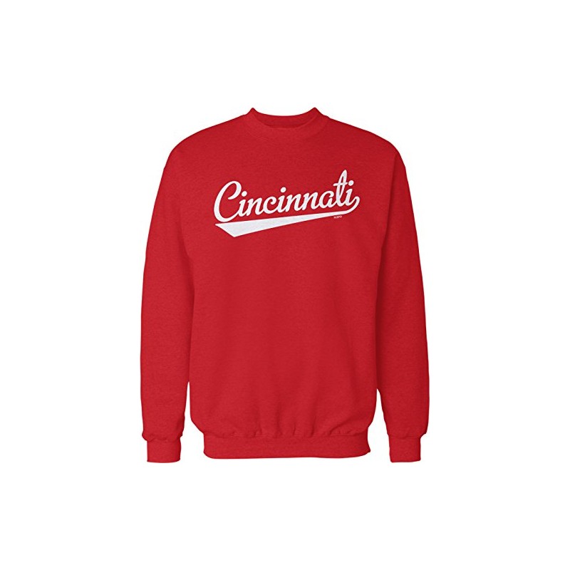 Hoodteez Cincinnati Script Baseball Font Crew Neck Sweatshirt, L Red