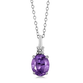 Gem Stone King 1.73 Ct Oval Purple Amethyst White Diamond 925 Sterling Silver Pendant