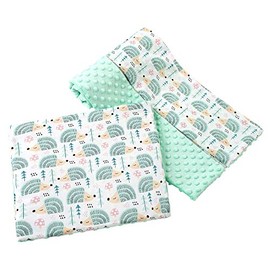 Medi Partners Baby Blanket Crawling Blanket with Pillow 100% Cotton Minky Children's Blanket Large Double-Sided 75 x 100 + 35 x 30 cm Multifunctional for Bed Pram (Mint Hedgehog with Mint Minky)